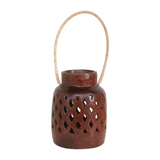 Handmade Reactive Glaze Terra-cotta Lantern With Cut-Outs & Rattan Wrapped Handle